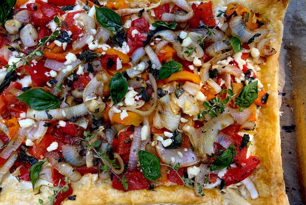 GRILLED PEPPER & ONION TART with GOAT CHEESE