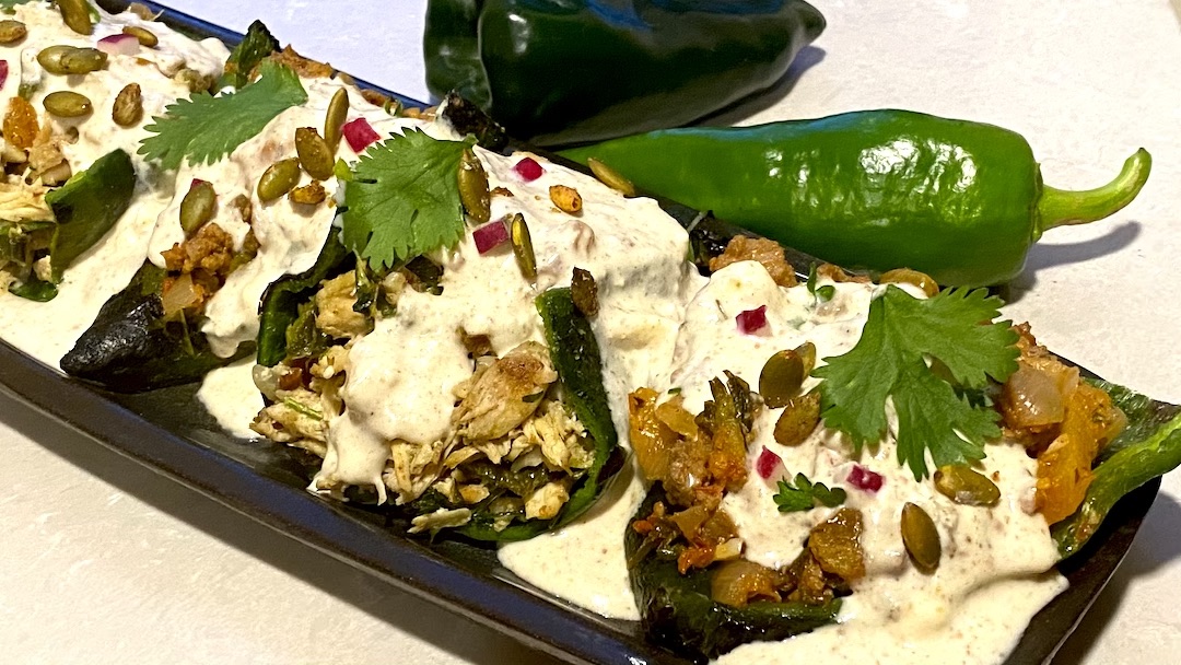 CHILES EN NOGADA ~ Stuffed Poblano Peppers with Walnut Cream Sauce