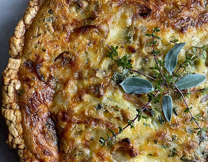 RUSTIC CARAMELIZED ONION SHALLOT QUICHE with GRUYERE & FRESH THYME