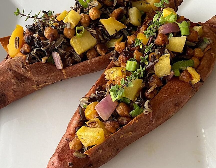 WILD RICE HERB STUFFED SWEET POTATOES with BERBERE SPICED SQUASH & GARBANZO CONFETTI