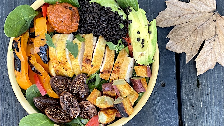 ROASTED CHICKEN BLACK LENTIL VEGGIE BOWL with HARISSA & LEMON VINAIGRETTE