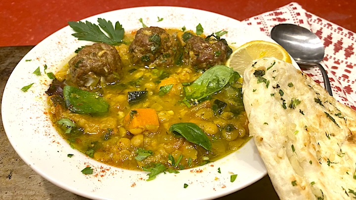 MOROCCAN LEMONY YELLOW LENTIL SOUP with CURRY MEATBALLS & MINT PISTOU