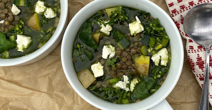 EXTREMELY GREEN FRENCH LENTIL SOUP with CHOPPED HERBS & FETA