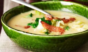 DUBLIN CHOWDER with SMOKY BACON, SPRING SPINACH & GREEN CABBAGE