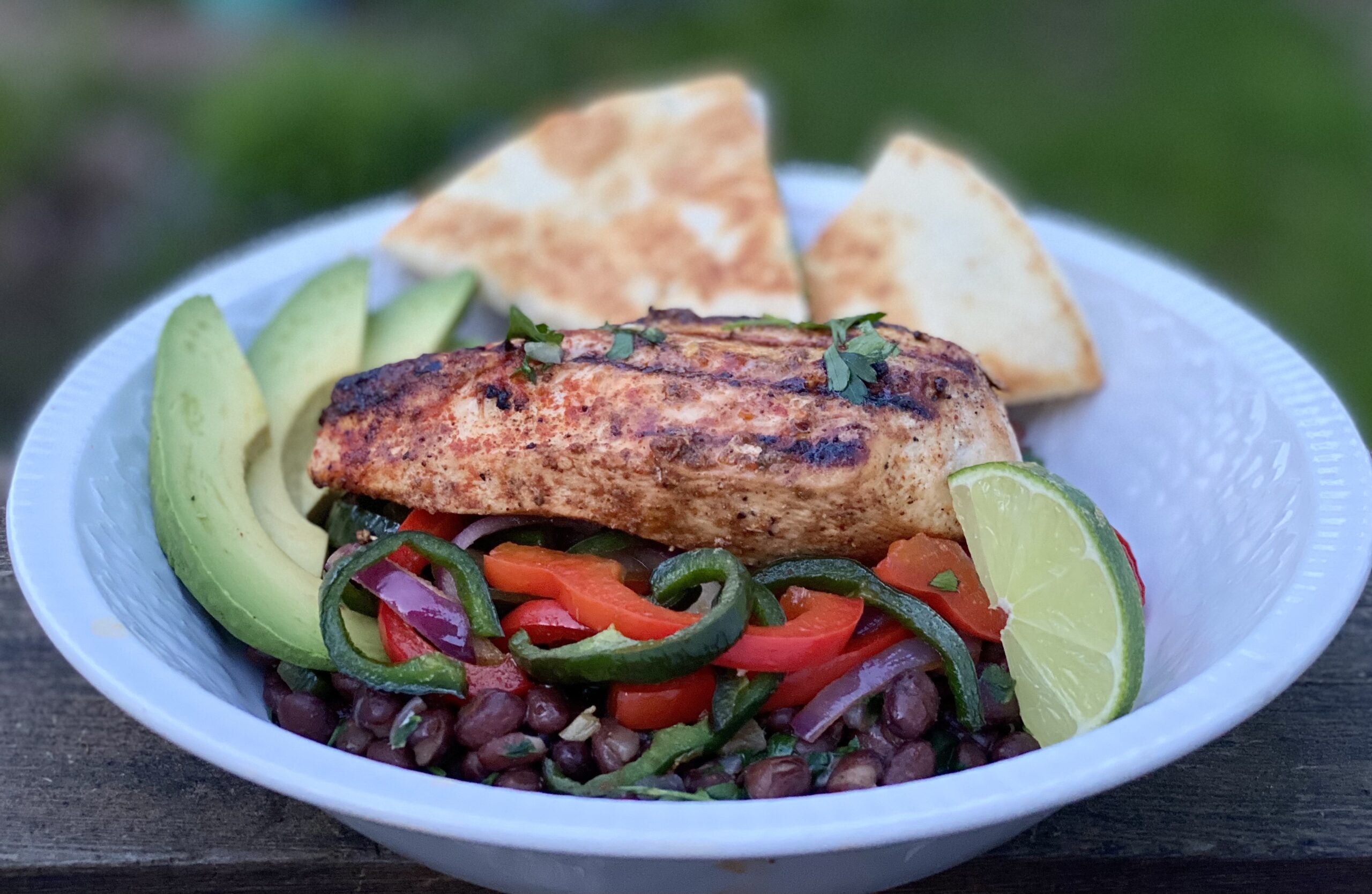 ANCHO CHILI LIME CHICKEN BOWLS with PAN SEARED POBLANO RED BELL CONFETTI & SMOKY CILANTRO BLACK BEANS