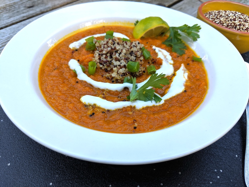 GINGER COCONUT CURRY CARROT SOUP with TRI-COLORED QUINOA