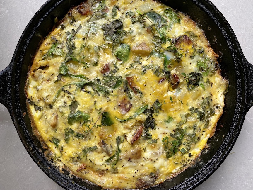 SPRING LEEK FRITTATA with NEW POTATOES, MUSHROOMS, HERBS & WHITE CHEDDAR