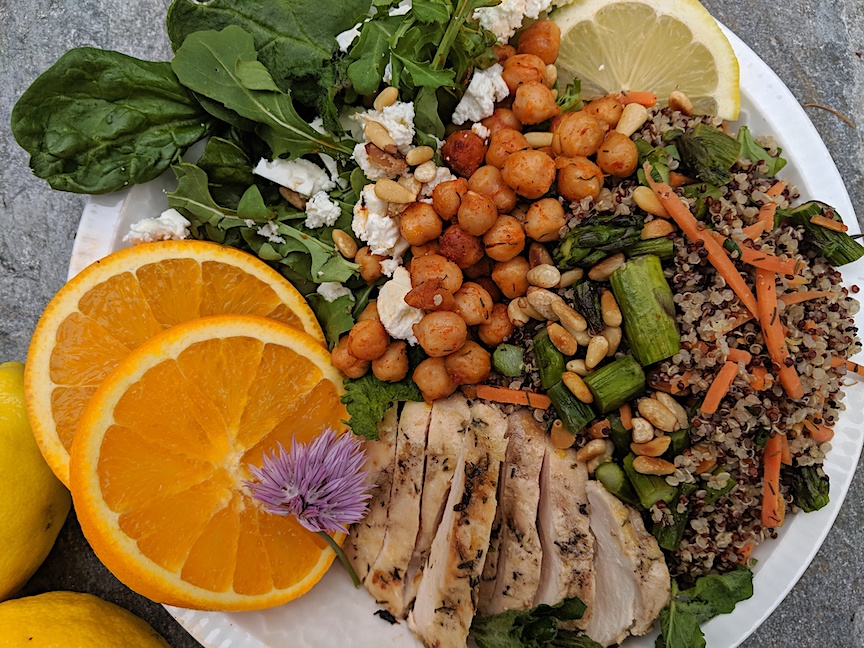 GRILLED LEMON CHICKEN SALAD with SMOKED SPANISH PAPRIKA GARBANZOS, QUINOA, GOAT CHEESE & LEMONY DILL VINAIGRETTE