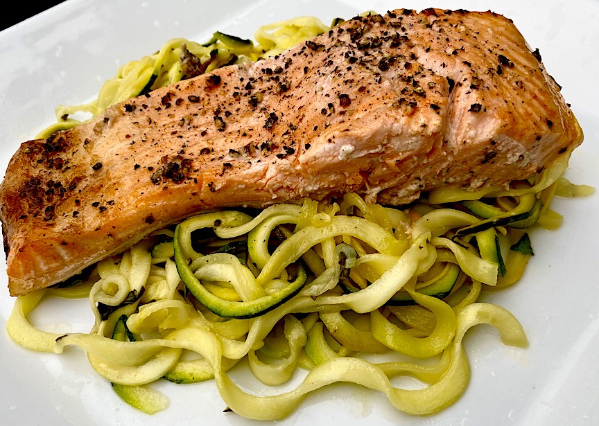 PEPPERED NW WILD CAUGHT PAN SEARED SALMON with ZUCCHINI & YELLOW SQUASH NOODLES