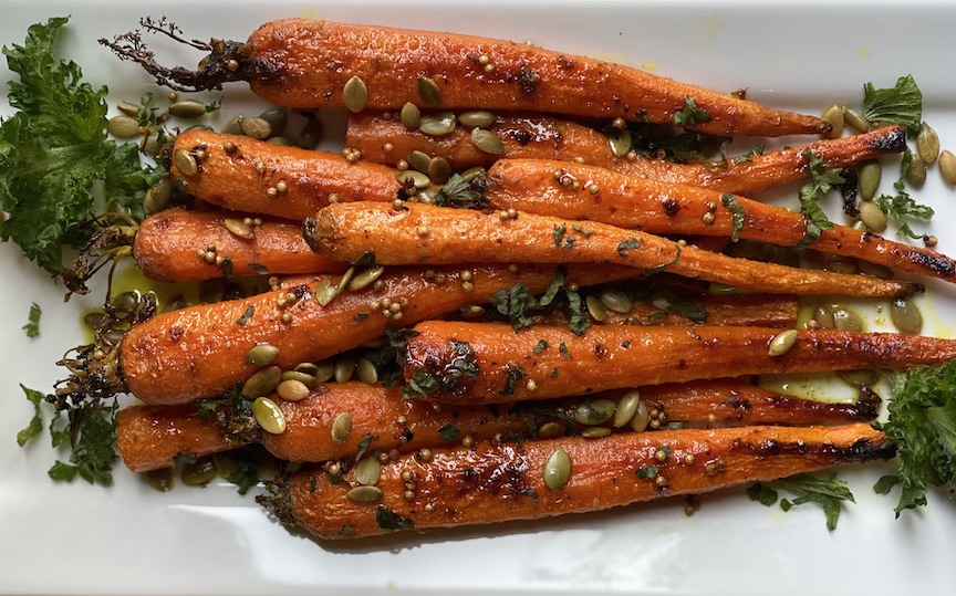 CHILLED ROASTED CARROTS with CORIANDER HONEY & TOASTED PEPITAS