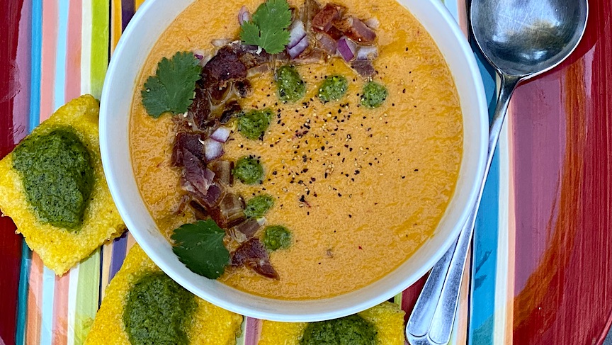 GRILLED CANTALOUPE GAZPACHO with CRISPY PROSCUITTO & CILANTRO PISTOU