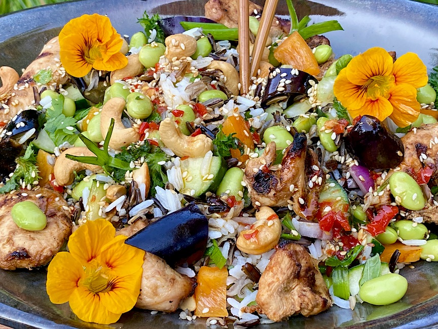 JASMINE & WILD RICE SALAD with GRILLED CHICKEN and PICKLED CHILI GINGER SESAME VINAIGRETTE