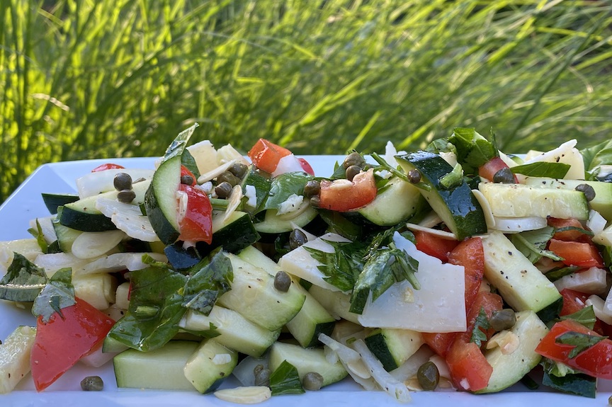 ZUCCHINI & RED BELL SALAD with PECORINO & LEMON CAPER VINAIGRETTE