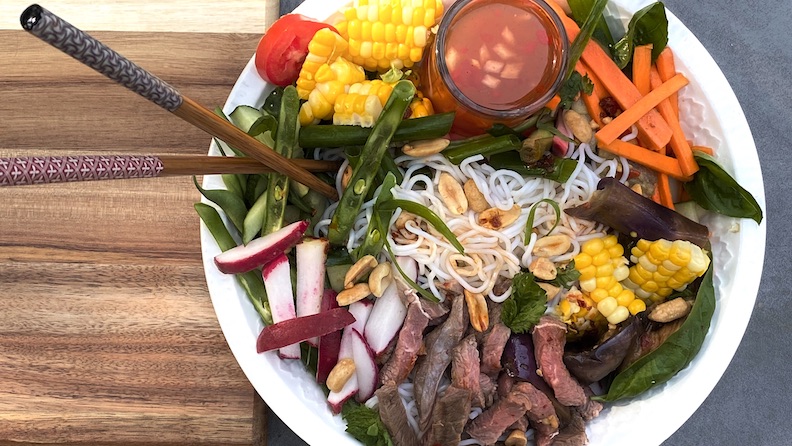 VIETNAMESE BEEF NOODLE BOWL with SUMMERY ENHANCEMENTS ~ BUN BO XAO