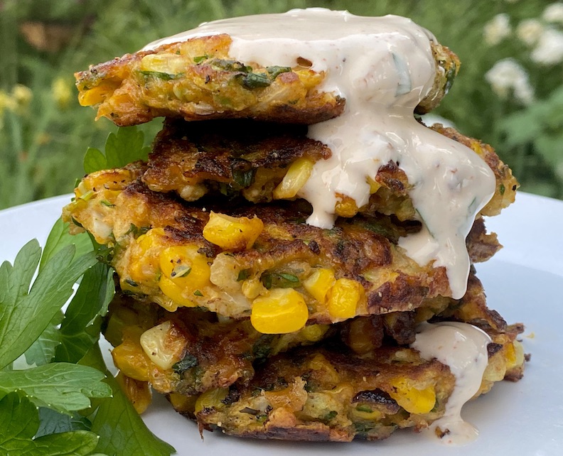 SUMMER SWEET CORN & ZUCCHINI FRITTERS with CHIPOTLE LIME CREMA