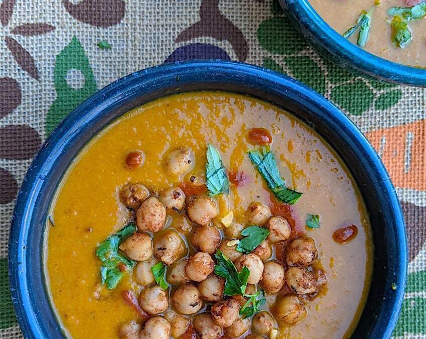 MOROCCAN CARROT SOUP with SPICED ORANGE TEA & SHEET PAN ROASTED GARBANZOS