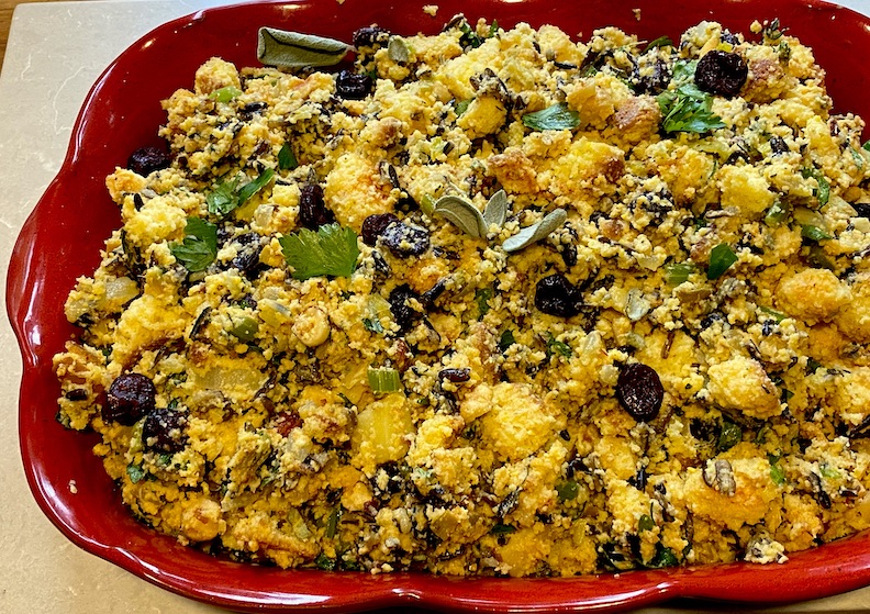 APPLE SAGE CORNBREAD STUFFING with WILD RICE, CRANBERRIES and HAZELNUTS