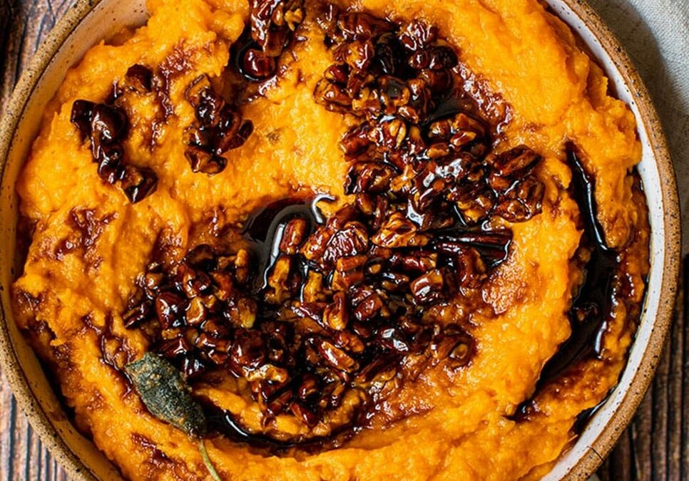 BOURBON SPIKED WHIPPED SWEET POTATOES with CANDIED PECANS & DRIED CHERRY TOPPING