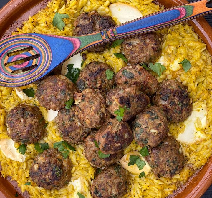 ROASTED YELLOW BELL PEPPER ORZO with HERB MEATBALLS & MOZZARELLA