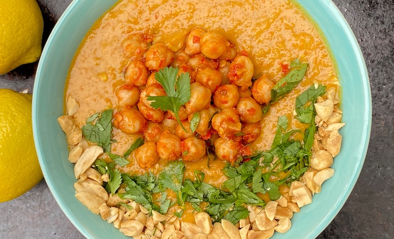 YELLOW CURRY CARROT with HARISSA GLAZED GARBANZOS & ROASTED PEANUTS