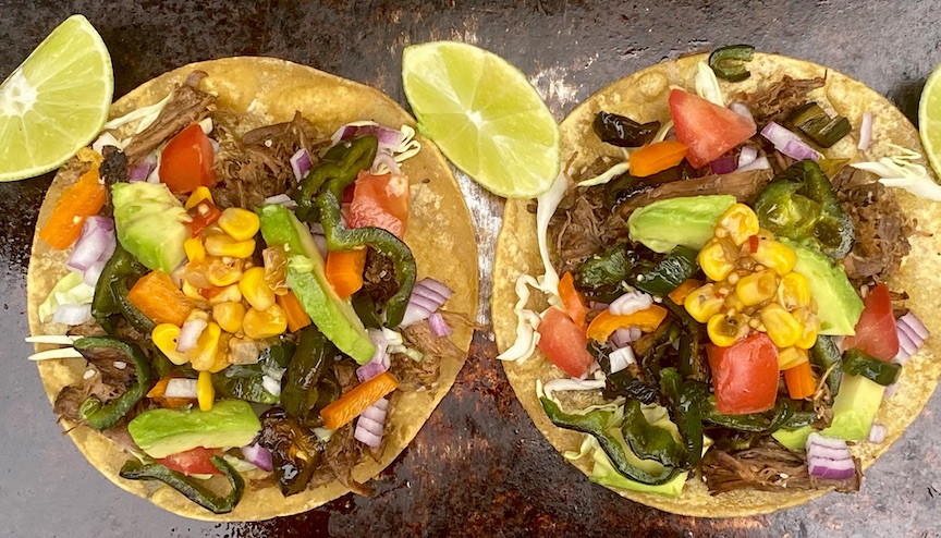 SHREDDED BEEF TACOS with ROASTED POBLANOS & CORN SALSA