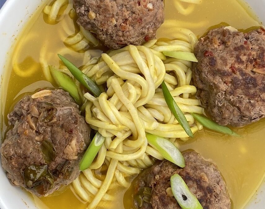 DARJEELING INFUSED TURMERIC CHICKEN BROTH with NOODLES & SPICY TAMARI MEATBALLS