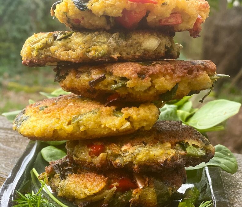 RUSTIC MEDITERRANEAN COUSCOUS FRITTERS with ASPARAGUS & RED BELL CONFETTI