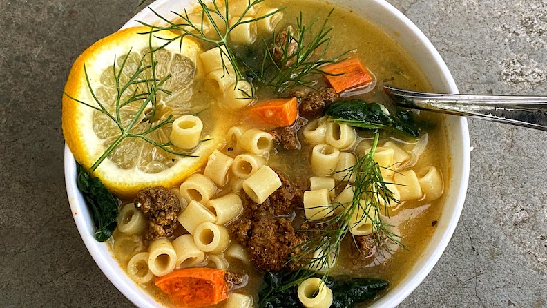 LEBONESE LAMB SOUP with SEASONED SWEET POTATO CROUTONS & DITALINI