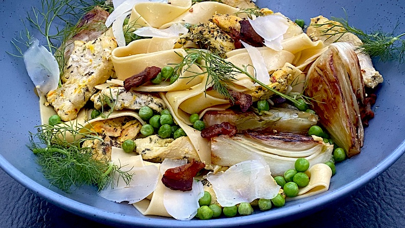 PAPPARDELLE with BRAISED SAFFRON CHICKEN, FENNEL, PEAS & SHAVED PARMESAN