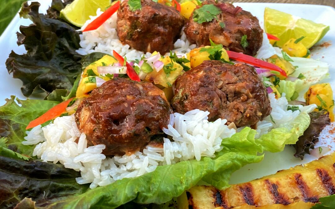 JERK CHICKEN MEATBALL LETTUCE WRAPS with COCONUT RICE & GRILLED PINEAPPLE SALSA