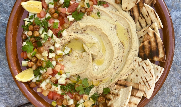 CREAMY HUMMUS PLATTER with SUMAC ROASTED GARBANZOS & TOMATO CUCUMBER CONFETTI