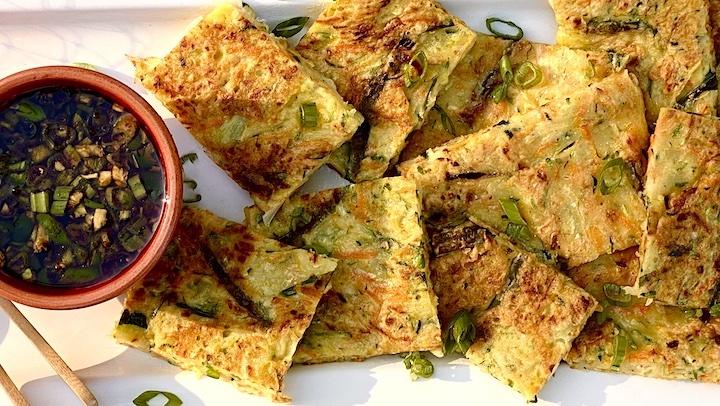 YACHAEJEON ~ KOREAN VEGETABLE PANCAKES with SESAME TAMARI DIPPING SAUCE