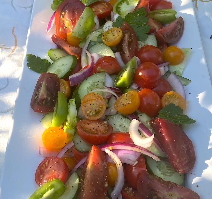 TRI-COLORED TOMATO, CUCUMBER, RED ONION SALAD with Spiced Bloody Mary Dressing