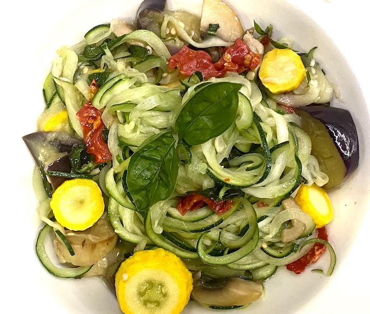 ZUCCHINI NOODLES with SUNDRIED TOMATOES, YELLOW SQUASH & EGGPLANT