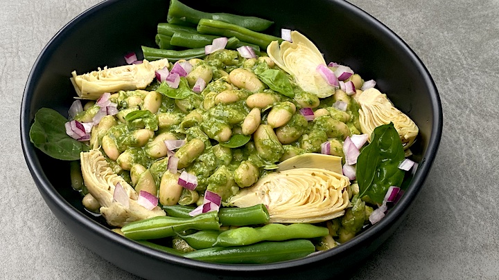 WHITE BEAN SALAD with MARINATED ARTICHOKES & LEMONY BASIL PESTO