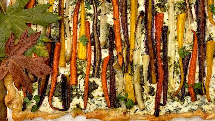 ROASTED CARROT TART with WHIPPED HERB RICOTTA & CARROT TOP PESTO