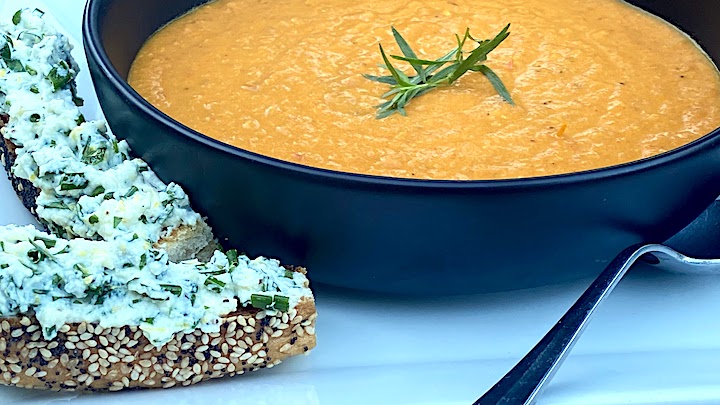 ROASTED YELLOW HEIRLOOM TOMATO & SAFFRON SOUP with WHIPPED HERB RICOTTA BAGUETTE