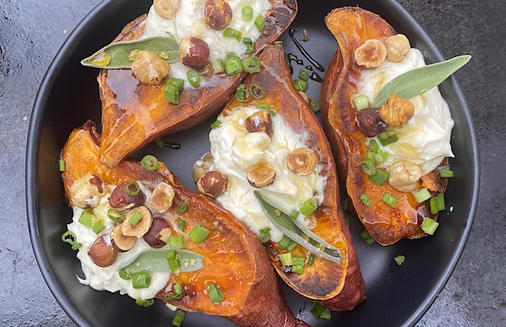 ROASTED SWEET POTATOES with HOT HONEY MASCARPONE, TOASTED HAZELNUTS & SAGE