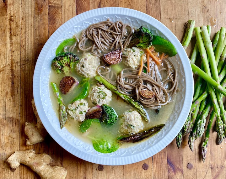 ASIAN CHICKEN MEATBALL SOBA NOODLE SOUP with CHARRED SHALLOTS