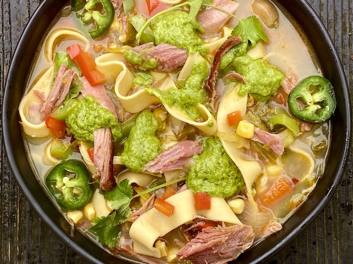 SOUTHWESTERN INSPIRED SMOKED TURKEY NOODLE SOUP with CILANTRO PISTOU