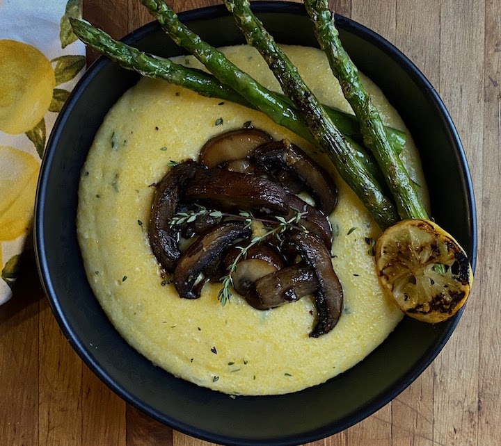 POLENTA with THYME and WHITE WINE SAUTEED MUSHROOMS & ROASTED ASPARAGUS