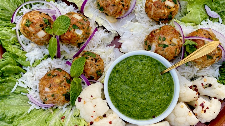 TANDOORI CHICKEN MEATBALL LETTUCE WRAPS with MINT CILANTRO CHUTNEY & BASMATI RICE