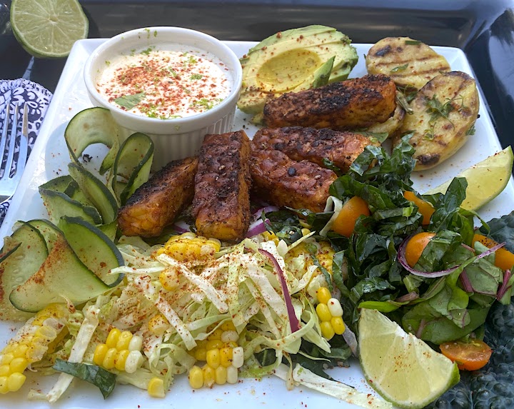 CHILI LIME GRILLED TEMPEH SALAD with CREAMY CHILI LIME AVOCADO DRESSING