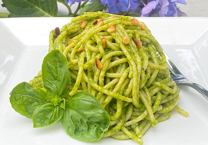 BASIL CHARD PESTO PASTA with TOASTED PINE NUTS