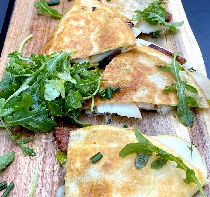 PEAR, GRUYERE & SMOKY BACON QUESADILLAS with WHOLE GRAIN MUSTARD & PEAR VINAIGRETTE DRESSED ARUGULA