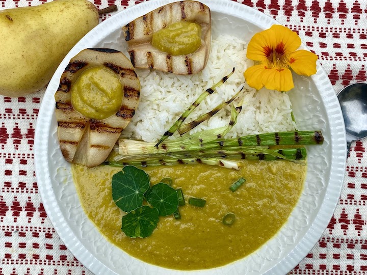 YELLOW CURRY ROASTED DELICATA & GRILLED PEAR SOUP with BASMATI