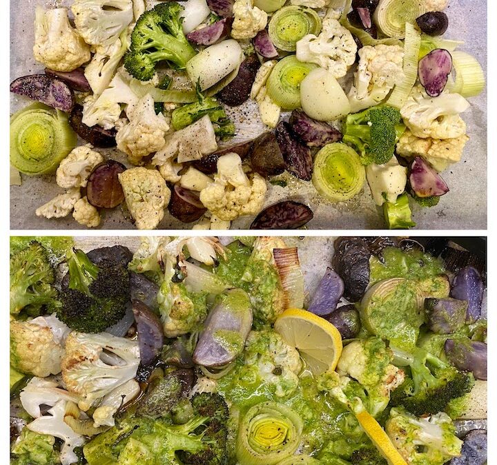 SHEET PAN ROASTED PURPLE POTATOES, CAULIFLOWER, BROCCOLI & LEEKS with LEMON DILL PISTOU