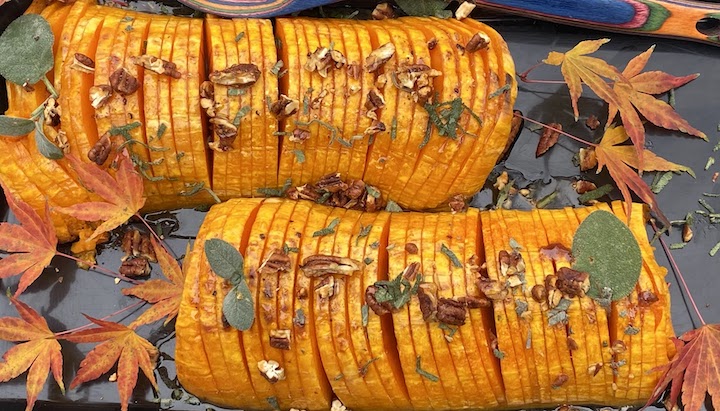 ROASTED HASSELBACK BUTTERNUT SQUASH with SAGE BUTTER & SPICED PECANS